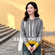 百家好（Basic House）Basic House/百家好套頭連帽毛衣女25秋冬撞色邊口袋抽繩短款上衣 灰色 L