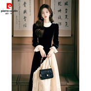 皮爾卡丹（pierre cardin）高端精致黑色絲絨蕾絲拼接連衣裙女2025冬季修身顯瘦內搭打底長(cháng)裙 黑色絲絨連衣裙【標準版】 S 建議80-95斤