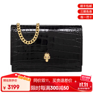 亞歷山大麥昆（Alexander McQueen）單肩包骷髏頭裝飾鱷魚紋皮革手拿包斜挎包女包鏈條包節(jié)日禮物 黑色小號 19*13*5cm