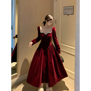 敲言過(guò)新年紅色方領(lǐng)絲絨釘鉆長(cháng)袖連衣裙子女春秋冬季高級感訂婚晚禮服 紅色長(cháng)款遮肉復古修身法式獨特別致藏肉百搭小個(gè)子歐美 2XL