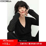 COCOBELLA前后兩穿領(lǐng)型滿(mǎn)天星亮片針織衫女秋時(shí)尚V領(lǐng)打底衫TS642 黑色 M