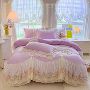 YOLANNA法式公主風(fēng)花邊牛奶絨四件套床裙式床蓋款珊瑚絨冬季加厚被套 歐若拉-香芋紫 床單款 【】1.5床四件套-被套200x230