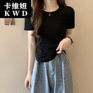 卡維妲時(shí)尚甄選棉不規(guī)則恤女短袖秋新款別致收腰上衣修身體恤打底衫 黑色 S