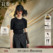 日著（rizhuo）原創(chuàng)設(shè)計(jì)女裝2024夏季新款 小眾獨(dú)特上衣洋氣薄款針織短袖t恤 影深黑  大胸圍建議拍大一碼 S