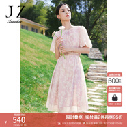 玖姿·安娜蔻幾何印花短袖連衣裙女裝夏休閑歐根紗拼色裙子 花粉紅 L