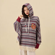 B.Duck小黃鴨連帽衛衣女2025冬季新款流蘇斗篷寬松繡章提花女外套 紅豆紅 XL