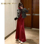 夏典素訂女王（SE.PSTP）2025新款春季棉暗紅酒紅色衛衣時(shí)尚套裝裙兩件套長(cháng)裙女內搭單穿 黑灰色(毛呢外套) S
