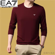 Emporio Armani EA7阿瑪尼秋季男士圓領長袖t恤?！ばQ·絲男裝純色體恤衫中老年上衣 棗紅 M 165