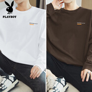 花花公子（PLAYBOY）260g重磅純棉t恤男長袖秋冬寬松印花內(nèi)搭打底衫美式潮流全棉秋衣 M13-T381白色+咖啡 S 【80-100斤】