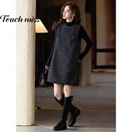 塔馳密司（touchmiss）時(shí)尚條紋胸針圓領(lǐng)連衣裙女2025年秋冬新款裙子大碼歐洲站女裝 黑藍條紋 L 【120-135斤】
