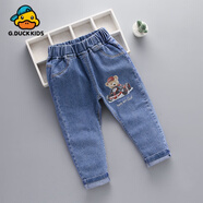 G.duck小黃鴨春秋款彈力兒童褲子男童韓版牛仔長(cháng)褲男寶寶潮童 卡丁車(chē)藍色 (單褲) 90 cm身高左右