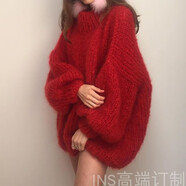 黛卓蒂秋冬新款歐美純手工編織寬松燈籠袖套頭毛衣女 大紅 均碼