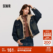 森馬（Semir）牛仔外套女拼接仿兔毛翻領(lǐng)寬松港風(fēng)冬季落肩夾棉夾克103724108001