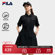 FILA 斐樂官方女裝梭織工裝連衣裙2025夏季新款時尚涼感防曬收腰裙子 正黑色-BK 3XL 185/100A/XXXL