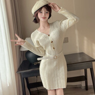 柏歐迪芬奈絲 BORDIFENASI法式小香風(fēng)針織連衣裙24秋冬新款名媛氣質(zhì)收腰包臀鉛筆裙女 杏色 均碼