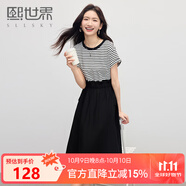 熙世界（sllsky）休閑條紋短袖拼接連衣裙女裝假兩件收腰顯瘦裙子2025秋裝新款 摩登黑 2XL