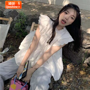 婍妡2025新款拼接荷葉邊白色襯衫女夏季褶皺設計感飛飛袖襯衣寬松上衣 白色 S