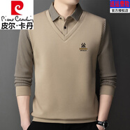 皮爾卡丹純棉冬季加絨加厚男士假兩件保暖針織衫襯衫領(lǐng)條紋長(cháng)袖T恤毛衣 2599淺卡其N(xiāo)Y【春秋款】 XL 175135-150斤穿