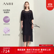 AMII女裝2025極簡純色薄款寬松連肩中袖配腰帶長款雪紡連衣裙 黑色 M 160/84A