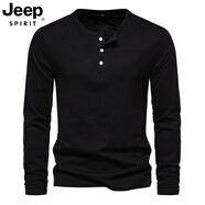 JEEP SPIRIT特大碼300斤春季純色T恤歐美男士寬松加肥感亨利領(lǐng)長(cháng)袖上衣潮 黑色【升級版】 2XL 150-200斤