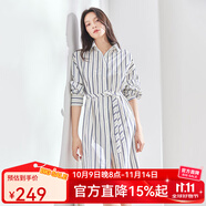 艾萊依（ERAL）裙子女藍(lán)色連衣裙新款女夏季長袖氣質(zhì)優(yōu)雅襯衫裙收腰長裙下架 白底條紋 155/80A