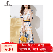 clotho Rennie品牌女裝印花連衣裙女2025夏季新款小個(gè)子氣質(zhì)撞色拼接顯瘦雪紡裙 花色 XL