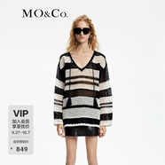 MO&Co.針織衫黑白條紋寬松鏤空V領(lǐng)流蘇長(zhǎng)袖毛衣罩衫慵懶風(fēng)摩安珂 白黑條色 XS 155