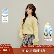 茵曼2025秋冬女裝新款麻花毛衣花邊V領(lǐng)寬松套頭長袖針織衫 淺黃色 S