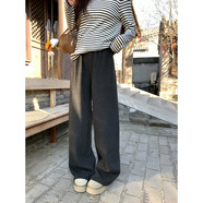 pusumede軟糯休閑褲女秋冬加絨褲子寬松直筒闊腿褲百搭拖地長(cháng)褲 黑花灰常規(建議身高161~167cm) 現貨 S