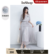 InShop【商場同款】新款溫柔玫瑰裝飾鏤空針織衫女飄逸長裙兩件套 淺灰色 S