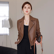 云旗千裘羊皮衣女真皮短款外套韓版修身時(shí)尚顯瘦皮夾克2025春秋新款機車(chē)款 深棕色 常規 XL 建議體重110-120斤