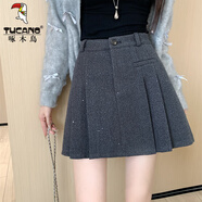 啄木鳥亮片毛呢半身裙女秋冬新款高腰遮跨加厚a字裙小個子百褶休閑短裙 灰色 (偏深灰色) S 建議85-94斤