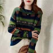 AEMAPE糯糯毛衫女2025秋冬季提花條紋綠色毛衣女士寬松拼色針織打底衫 綠色 XL 120-130斤