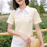 ATAR小紅書(shū)推薦青春活力春秋女裝新款假兩件襯衫式拼接上衣2024 淺黃米白-上衣 L