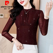 皮爾卡丹（pierre cardin）安可拉紅亮絲春秋打底衫百搭洋氣時(shí)尚閃光半高領(lǐng)修身長(cháng)袖網(wǎng)紗小衫 酒紅長(cháng)袖 M 【建議80-95】