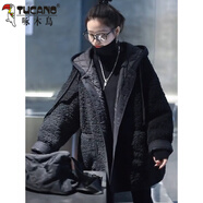 啄木鳥(niǎo)（TUCANO）夾棉加厚2026新款冬季毛毛外套女韓版寬松羔毛夾克棉服連帽上衣 黑色 (現貨) XS (80-100斤)