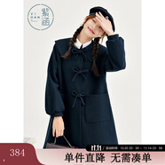 紫涵小A型方領(lǐng)毛呢大衣女冬季學(xué)院風(fēng)門襟手打蝴蝶結(jié)外套 黑藏青 S
