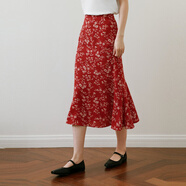 詩凡黎（‘S EIFINI）【紅石榴】詩凡黎紅色碎花度假吊帶洋裝25夏新款荷葉邊魚尾裙女 紅色半身裙 S 155_80A_