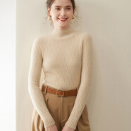 鹿王（KING DEER）2025秋冬新款半高卷邊圓領(lǐng)羊絨衫女純色簡(jiǎn)約針織軟糯親膚內搭上衣 青絨米 L