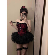 小惡魔*性感辣妹萬(wàn)圣節服裝cos抹胸上衣顯瘦蓬蓬裙短裙穿搭衣服女 黑紅色束腰馬甲 【贈送透明肩帶】 均碼 【建議80-140斤】