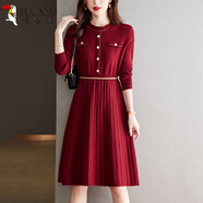 啄木鳥(niǎo)秋冬配大衣針織毛線(xiàn)連衣裙女2025年新款收腰顯瘦外穿打底毛衣裙子 紅色 3XL