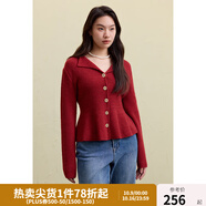獨束大碼女裝針織衫V領(lǐng)紅色毛衣女2024冬大碼胖mm泡泡袖收腰上衣 復古紅 XL (尺碼：3)