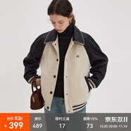 fano studios范洛Fano 美式通勤復(fù)古棒球服女2025秋冬季學(xué)院風(fēng)撞色毛呢短外套 米黑拼色 L