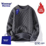 WASSUP HERMU潮牌聯(lián)名純色毛衣男女春秋季圓領(lǐng)打底針織衫保暖寬松情侶大碼上衣 加絨款-31灰色 XL（推薦125-140斤）