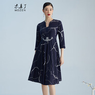 木真了（MOZEN）木真瞭中式改良連衣裙女裝新品時(shí)尚線(xiàn)條印花刺繡女裙307 10 M