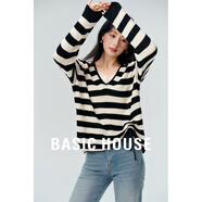 百家好（Basic House）休閑早秋假兩件側邊系帶收腰顯瘦長(cháng)袖針織衫女-B0624S5F602 黑白 M （90-120斤）