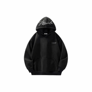 FR.YH.ZH金貝勒美式復古萬(wàn)針高密手繪花體字母落肩套頭連帽長(cháng)袖衛衣上 黑色 加絨 2XL