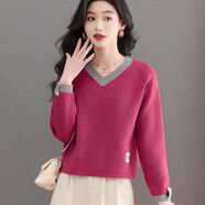撞色V領(lǐng)短款毛衣秋冬新款時(shí)尚雞心領(lǐng)洋氣減齡內搭外穿針織打底衫 玫紅色 3XL 建議136-145斤