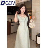 DGOV法式溫柔純欲風(fēng)ins蕾絲拼接繡花連衣裙女夏季顯瘦收腰女裝長(cháng)裙子 綠色長(cháng)裙 L 建議95-120斤