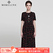 MORELINE沐蘭夏款氣質(zhì)復(fù)古櫻桃印花修身長裙短袖連衣裙女裙子收腰垂感過膝 圖片色 L 40